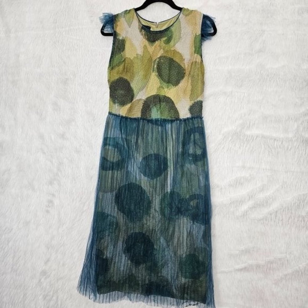 Rare Burberry Prorsum Waterprint Pleated Mesh Knee Length Cap Sleeve Dress 10